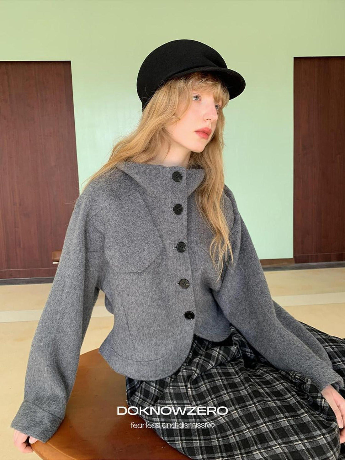 DKZ OFFICIAL Cropped Stand Collar Double Faced Waist Cinch Women&