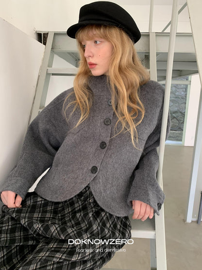 DKZ OFFICIAL Cropped Stand Collar Double Faced Waist Cinch Women&
