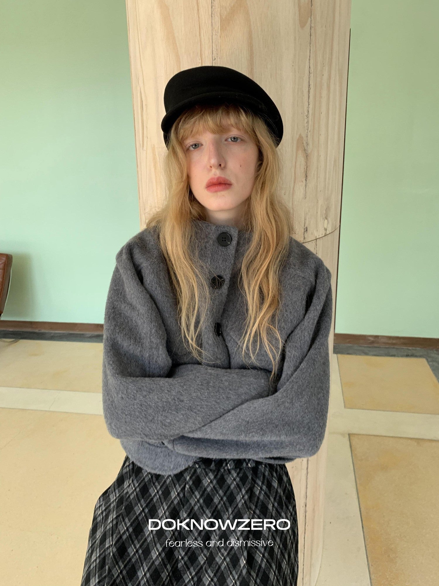 DKZ OFFICIAL Cropped Stand Collar Double Faced Waist Cinch Women&