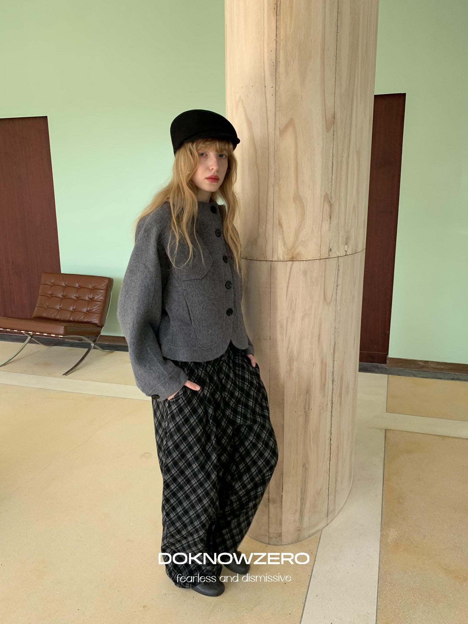 DKZ OFFICIAL Cropped Stand Collar Double Faced Waist Cinch Women&