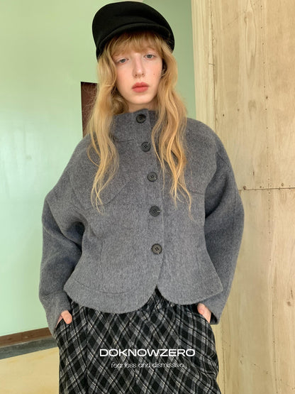 DKZ OFFICIAL Cropped Stand Collar Double Faced Waist Cinch Women&