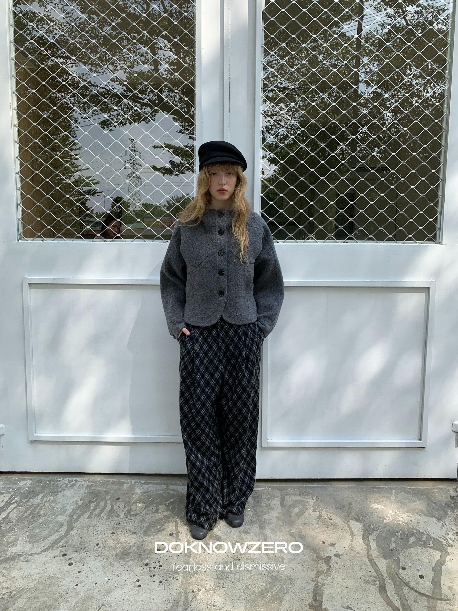 DKZ OFFICIAL Cropped Stand Collar Double Faced Waist Cinch Women&