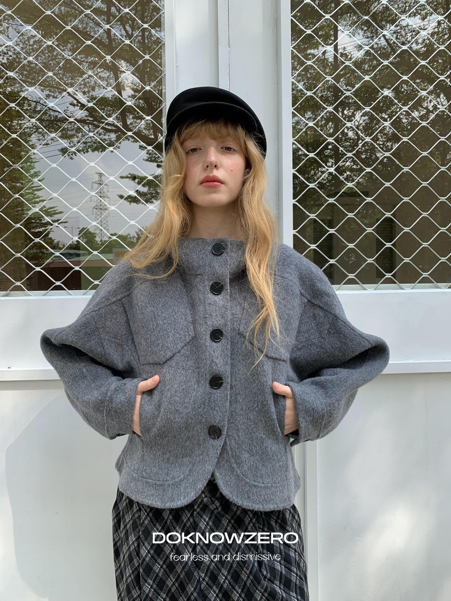 DKZ OFFICIAL Cropped Stand Collar Double Faced Waist Cinch Women&