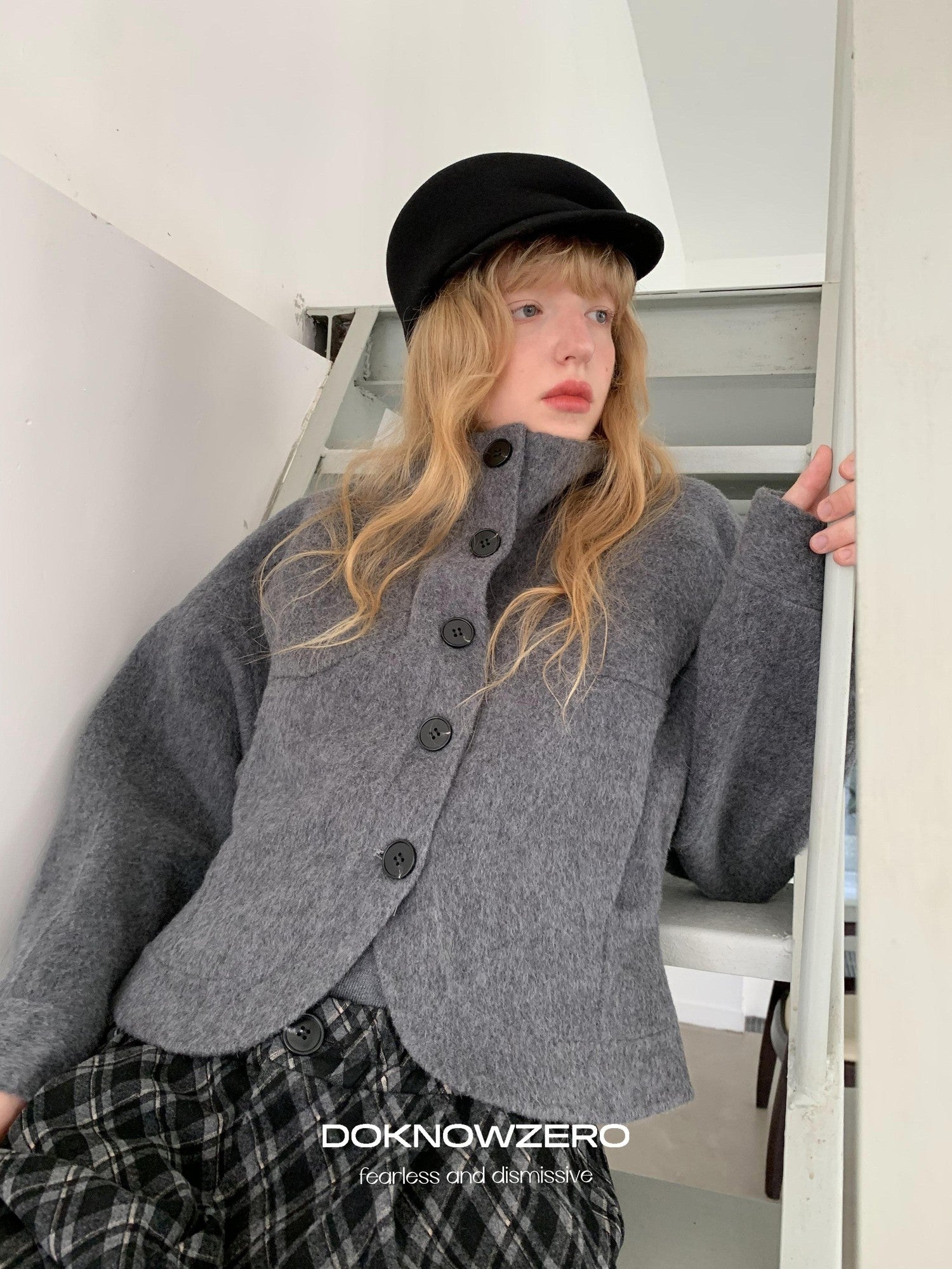 DKZ OFFICIAL Cropped Stand Collar Double Faced Waist Cinch Women&