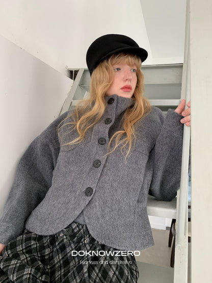 DKZ OFFICIAL Cropped Stand Collar Double Faced Waist Cinch Women&