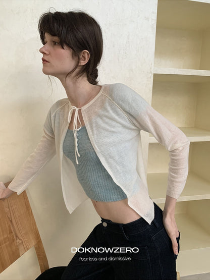 DKZ_OFFICIAL_Cropped_Tie_Neck_Knitted_Loose_Long_Sleeve_Women&