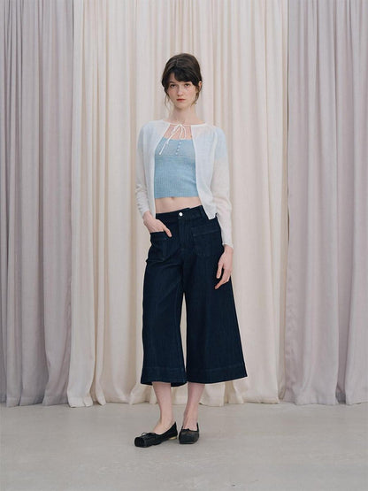 DKZ OFFICIAL Cropped Tie Neck Knitted Loose Long Sleeve Women&