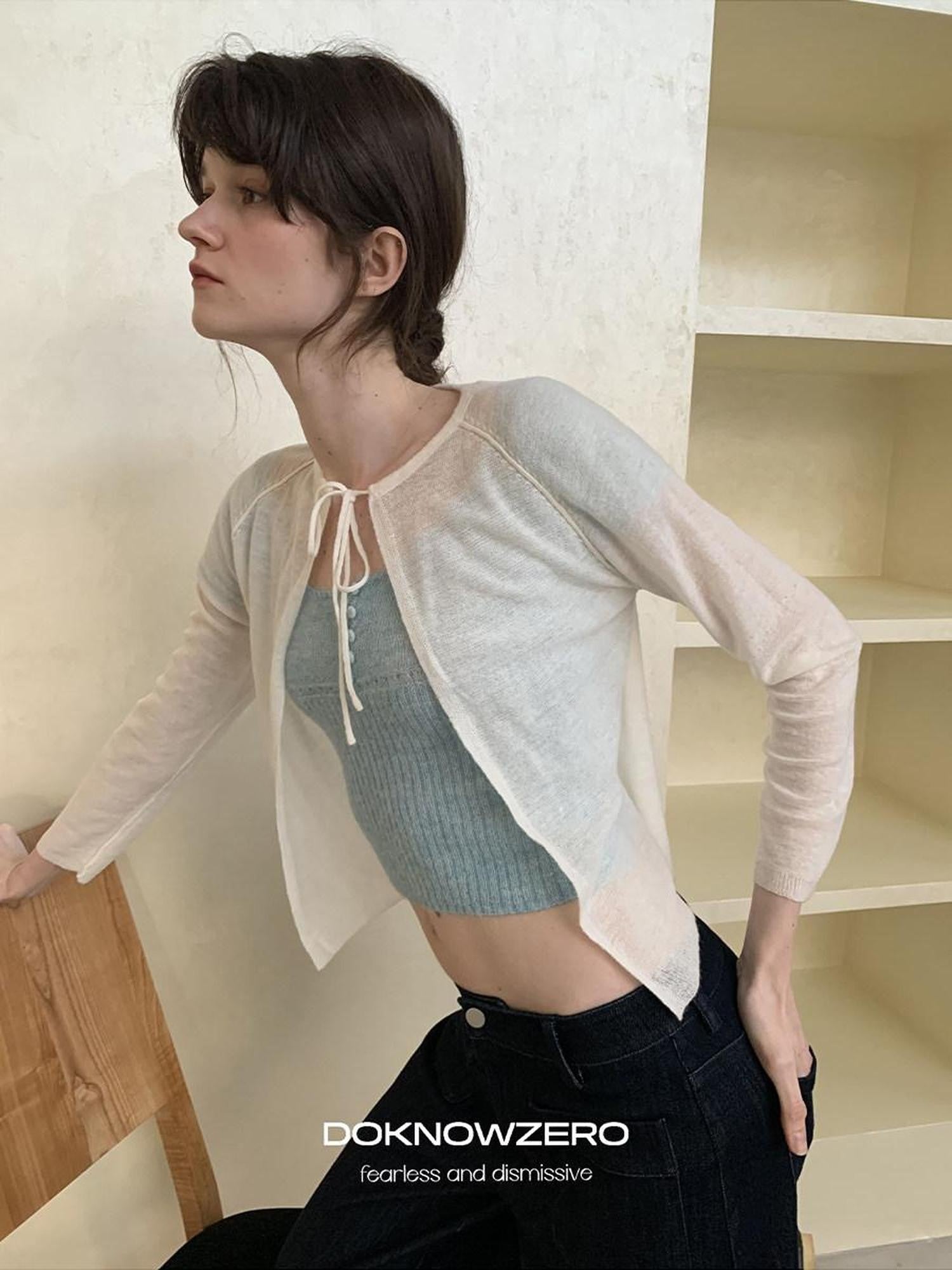 DKZ OFFICIAL Cropped Tie Neck Knitted Loose Long Sleeve Women&