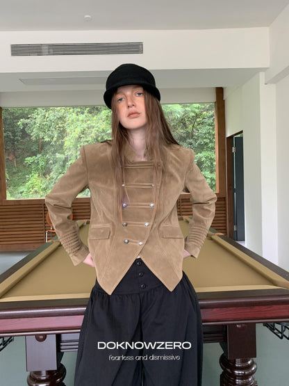 DKZ OFFICIAL Cropped Vintage Napoleon Cut Double Breasted Biker Women&
