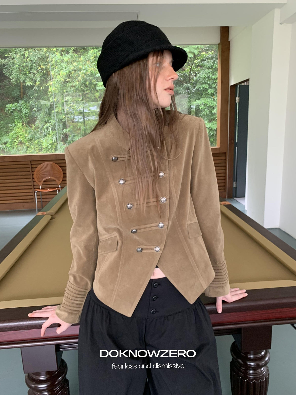 DKZ OFFICIAL Cropped Vintage Napoleon Cut Double Breasted Biker Women&