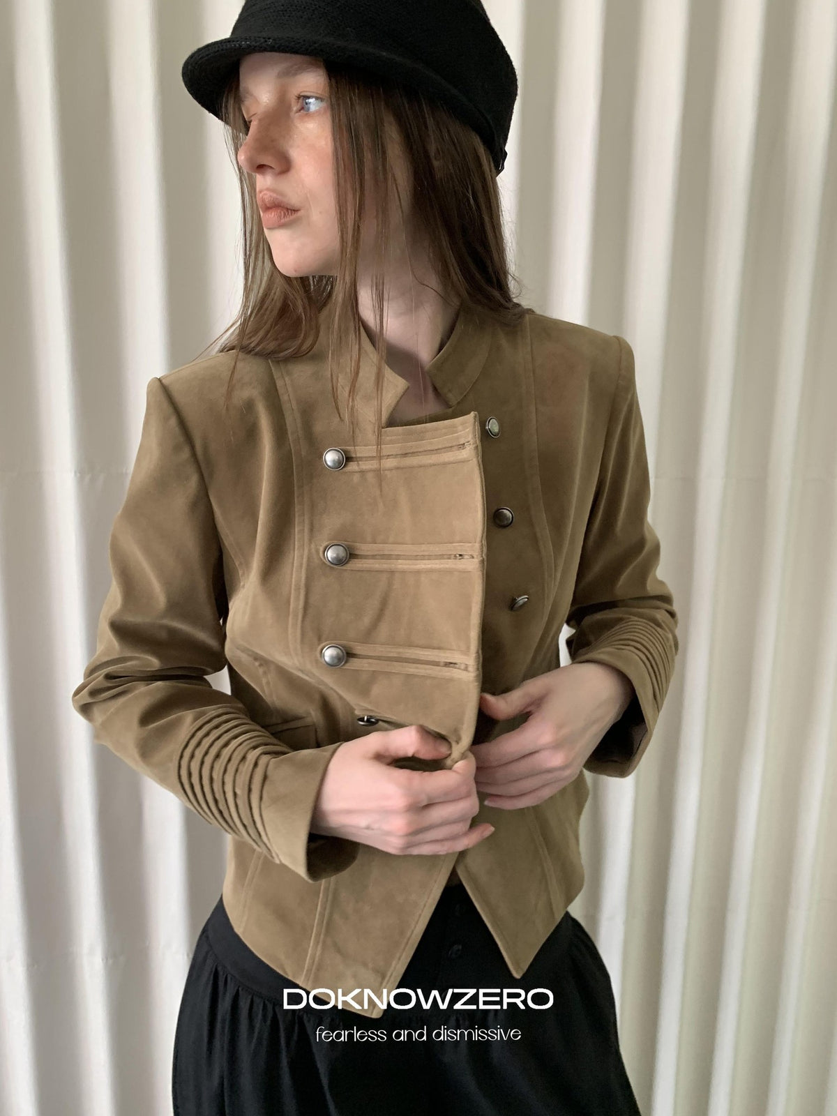 DKZ OFFICIAL Cropped Vintage Napoleon Cut Double Breasted Biker Women&