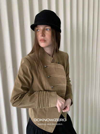 DKZ OFFICIAL Cropped Vintage Napoleon Cut Double Breasted Biker Women&