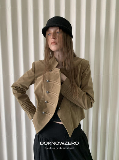 DKZ OFFICIAL Cropped Vintage Napoleon Cut Double Breasted Biker Women&