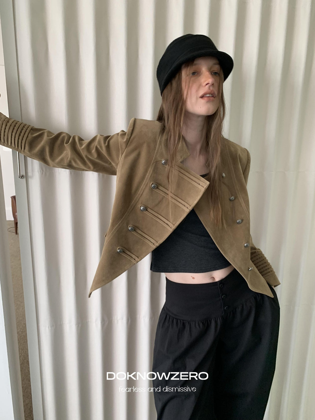 DKZ OFFICIAL Cropped Vintage Napoleon Cut Double Breasted Biker Women&