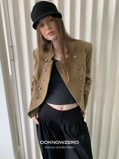DKZ OFFICIAL Cropped Vintage Napoleon Cut Double Breasted Biker Women&