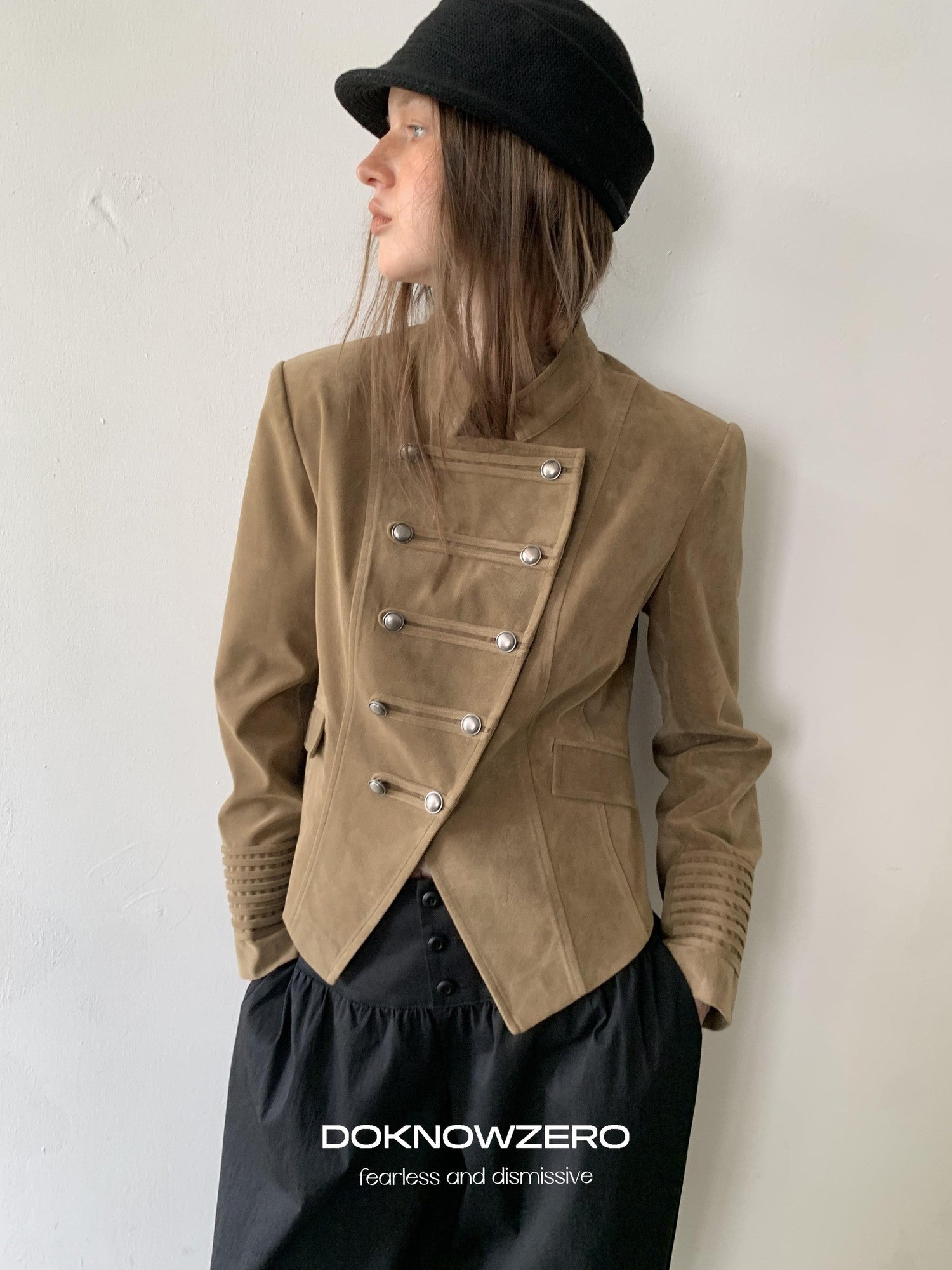 DKZ OFFICIAL Cropped Vintage Napoleon Cut Double Breasted Biker Women&