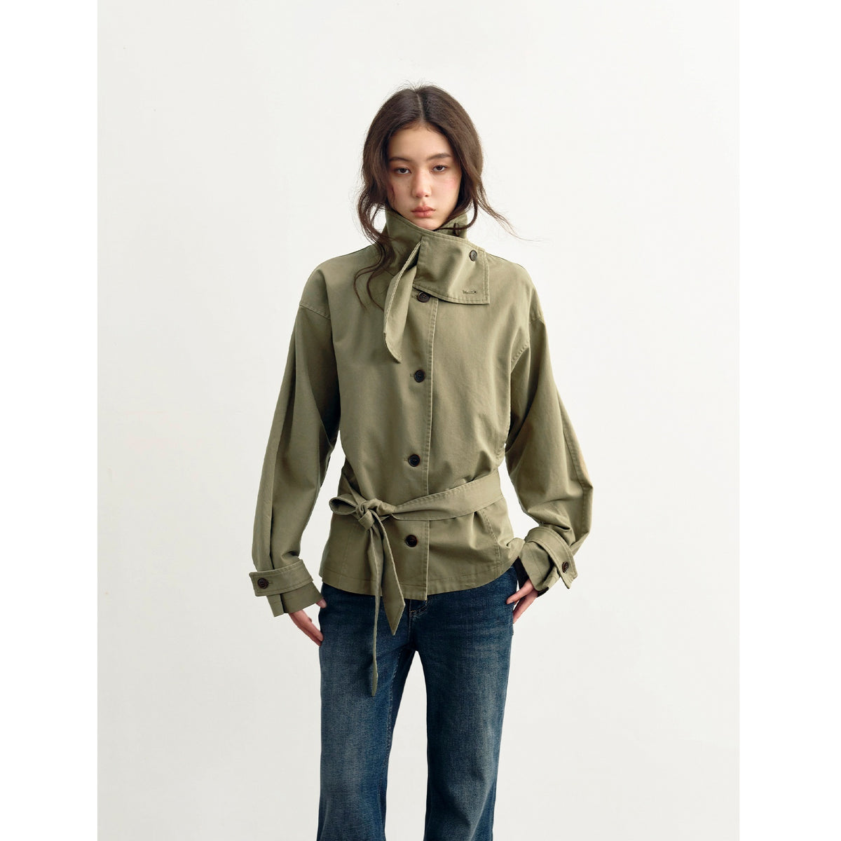 DKZ_OFFICIAL_Cropped_Waist_Cinched_Belted_Short_Stand_Collar_Women&