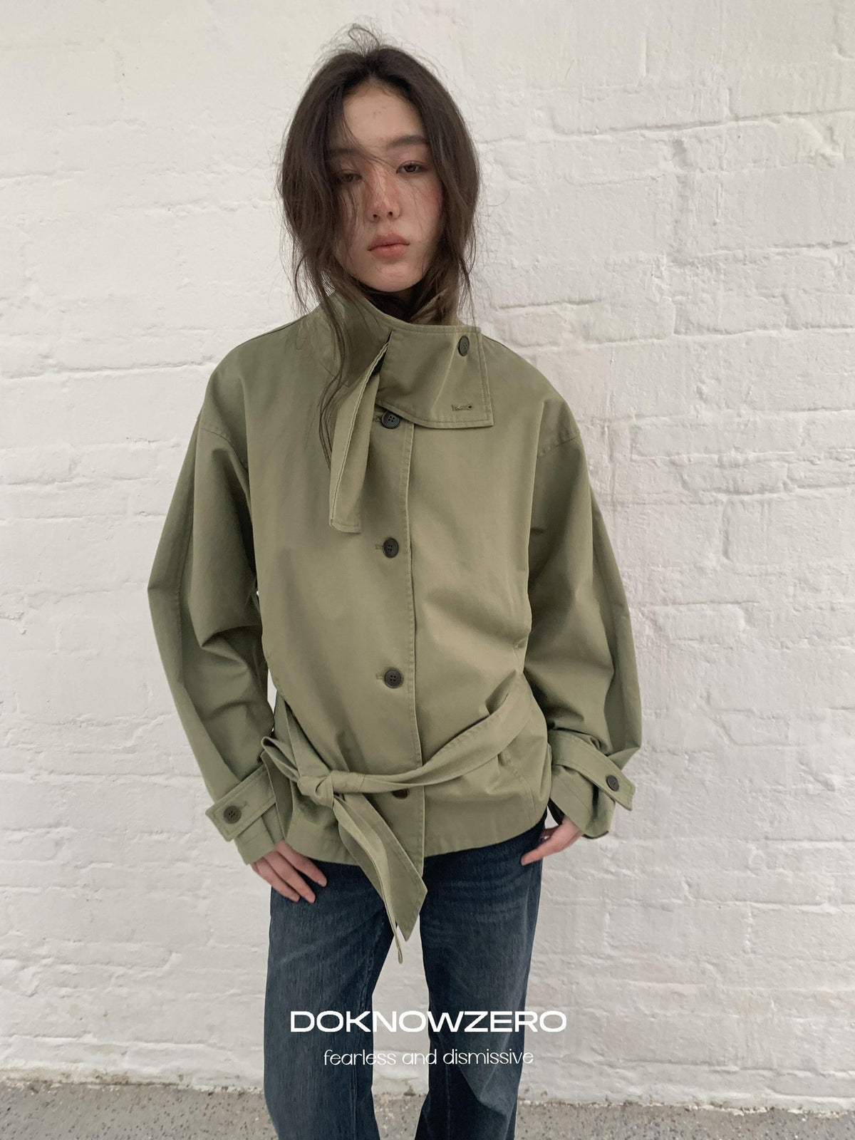 DKZ OFFICIAL Cropped Waist Cinched Belted Short Stand Collar Women&