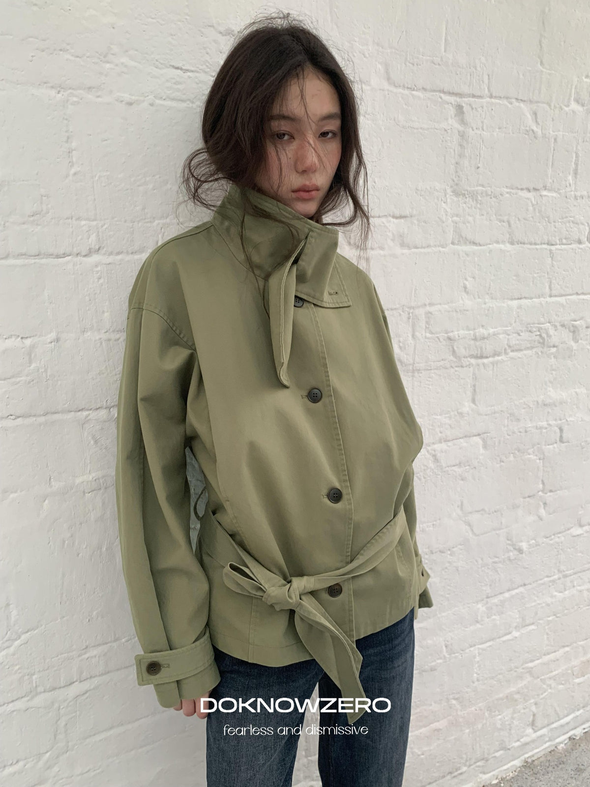 DKZ OFFICIAL Cropped Waist Cinched Belted Short Stand Collar Women&