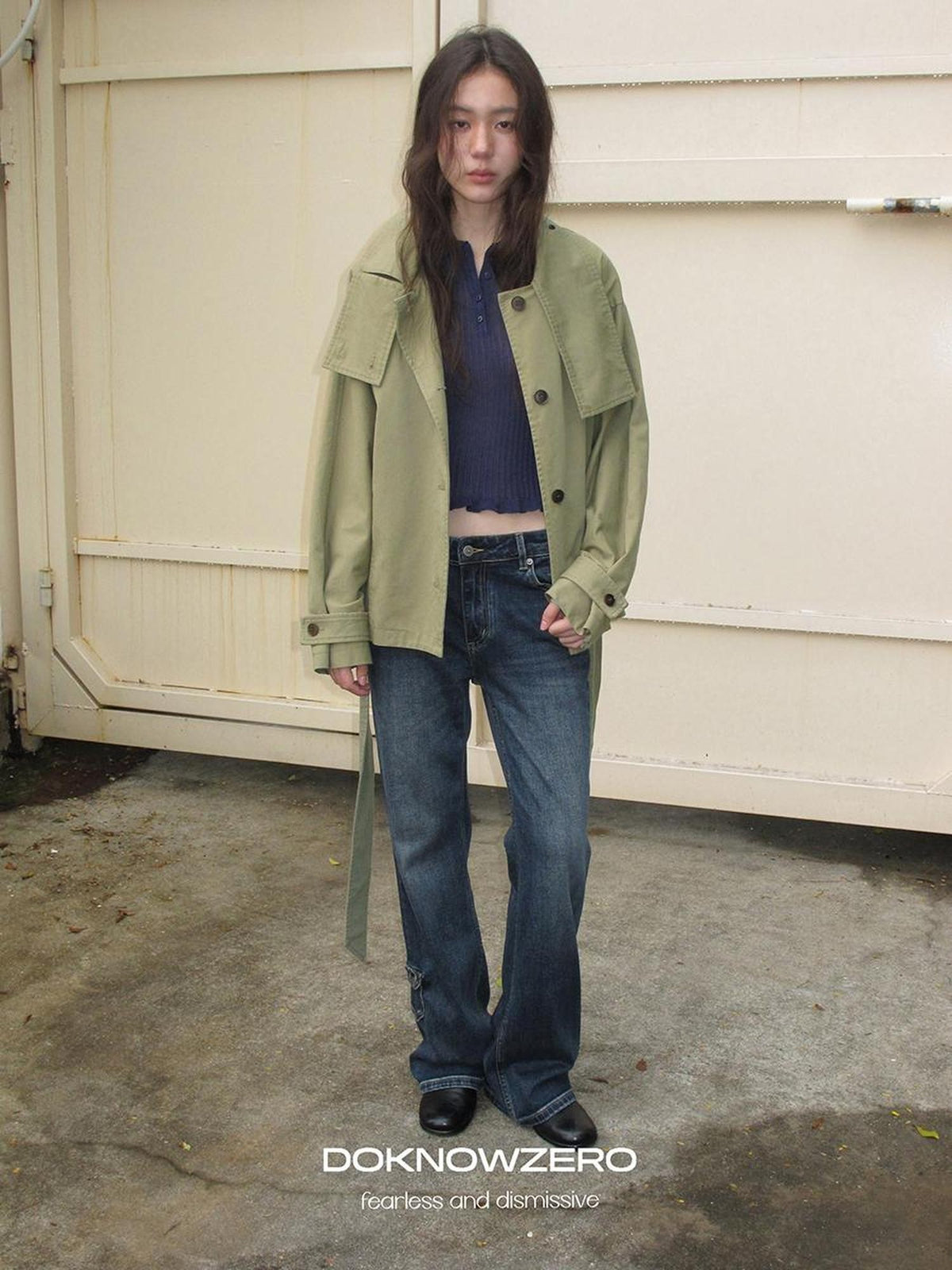 DKZ OFFICIAL Cropped Waist Cinched Belted Short Stand Collar Women&