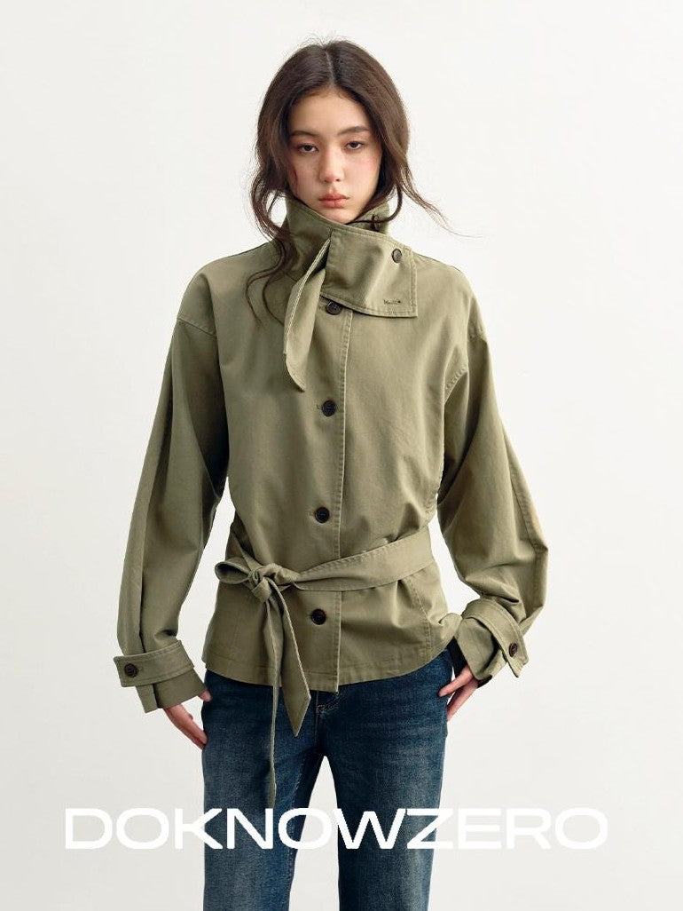 DKZ OFFICIAL Cropped Waist Cinched Belted Short Stand Collar Women&