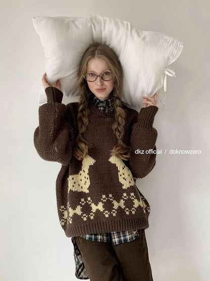 DKZ OFFICIAL Dachshund Embroidered Knit Sweater Loose Fit Retro Autumn