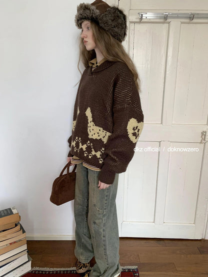 DKZ OFFICIAL Dachshund Embroidered Knit Sweater Loose Fit Retro Autumn