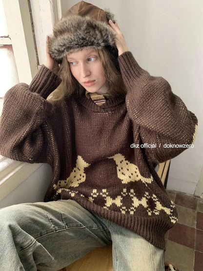 DKZ OFFICIAL Dachshund Embroidered Knit Sweater Loose Fit Retro Autumn