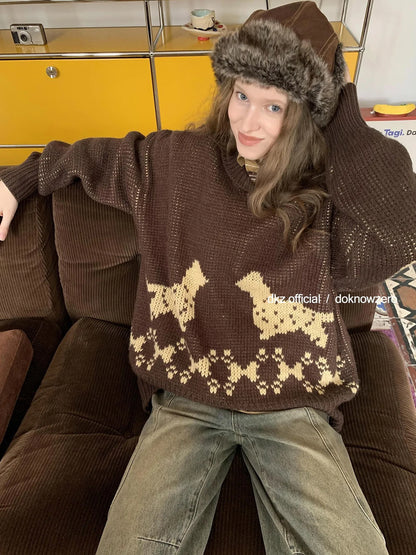 DKZ OFFICIAL Dachshund Embroidered Knit Sweater Loose Fit Retro Autumn
