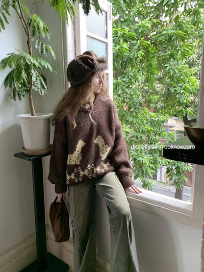 DKZ OFFICIAL Dachshund Embroidered Knit Sweater Loose Fit Retro Autumn