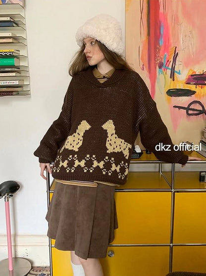 DKZ OFFICIAL Dachshund Embroidered Knit Sweater Loose Fit Retro Autumn