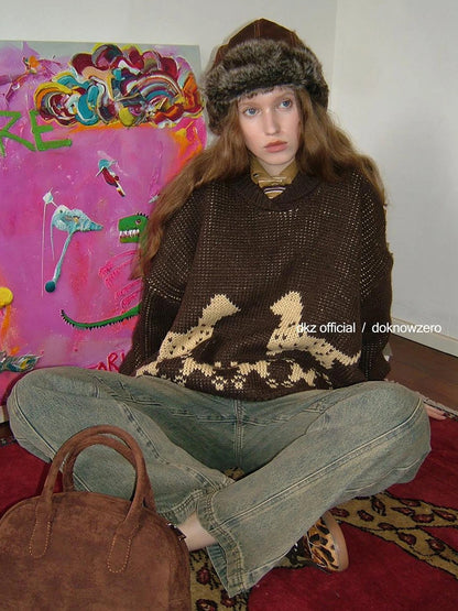 DKZ OFFICIAL Dachshund Embroidered Knit Sweater Loose Fit Retro Autumn