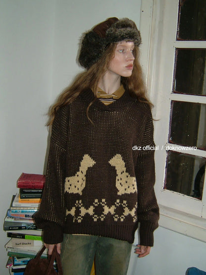 DKZ OFFICIAL Dachshund Embroidered Knit Sweater Loose Fit Retro Autumn
