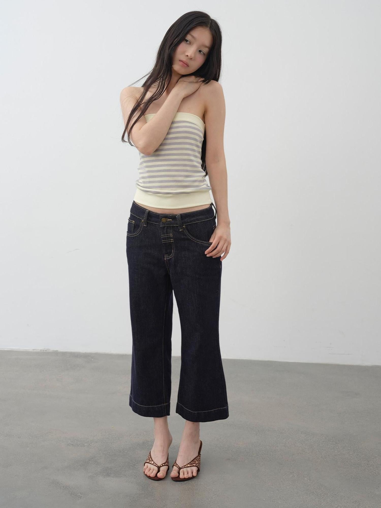 DKZ OFFICIAL Dark Blue Raw Denim Cropped Retro Women&