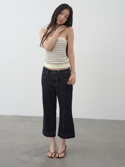 DKZ OFFICIAL Dark Blue Raw Denim Cropped Retro Women&