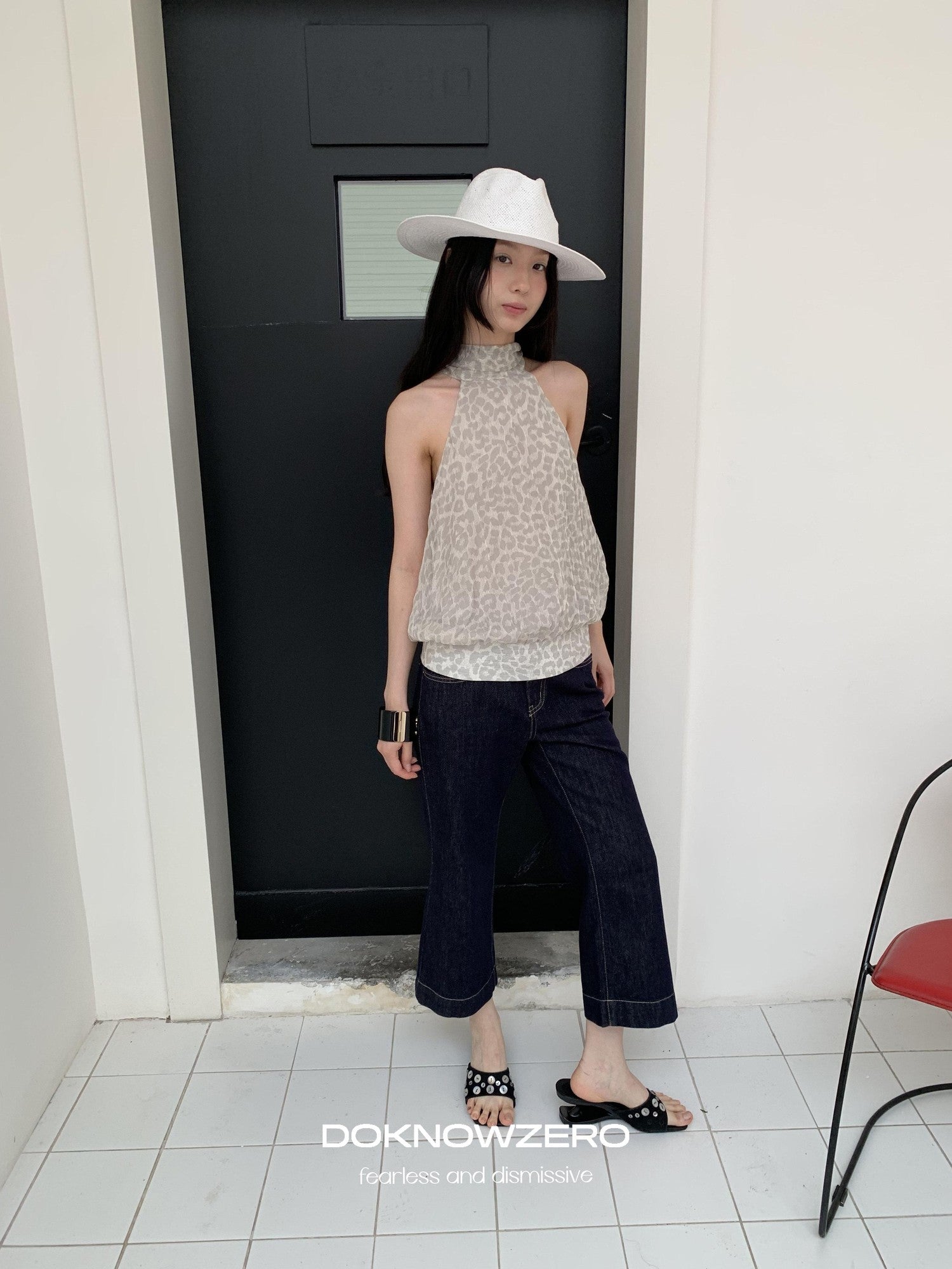 DKZ OFFICIAL Dark Blue Raw Denim Cropped Retro Women&