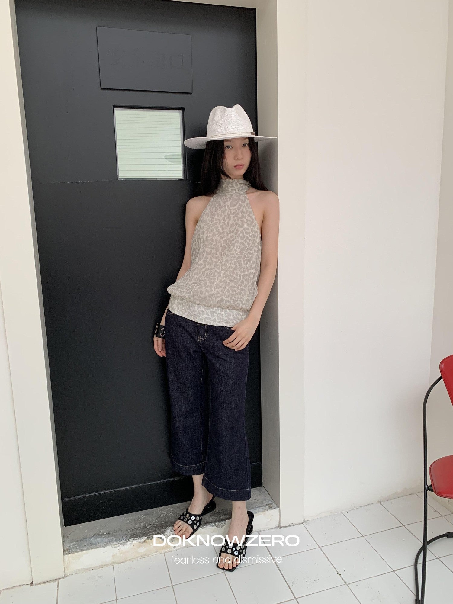 DKZ OFFICIAL Dark Blue Raw Denim Cropped Retro Women&