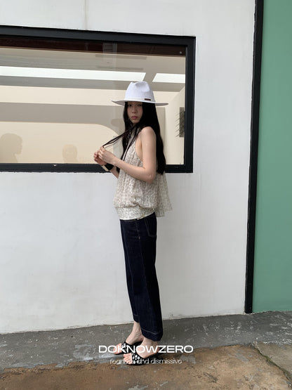 DKZ OFFICIAL Dark Blue Raw Denim Cropped Retro Women&