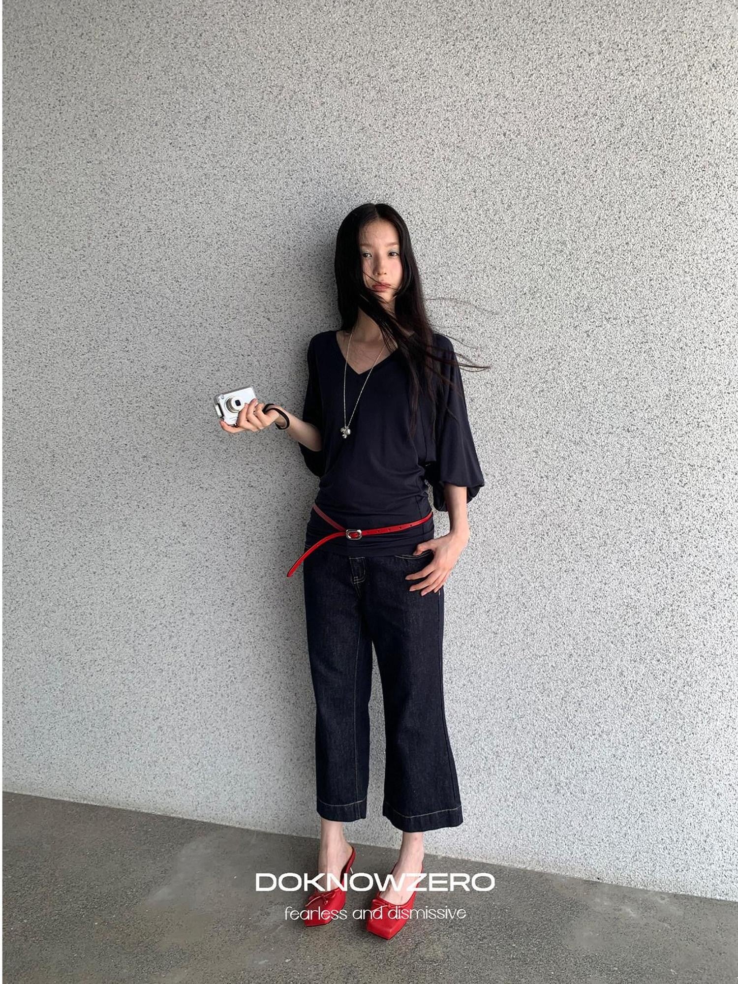 DKZ OFFICIAL Dark Blue Raw Denim Cropped Retro Women&