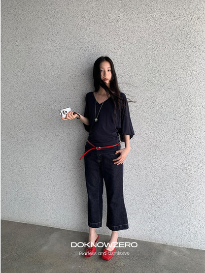 DKZ OFFICIAL Dark Blue Raw Denim Cropped Retro Women&