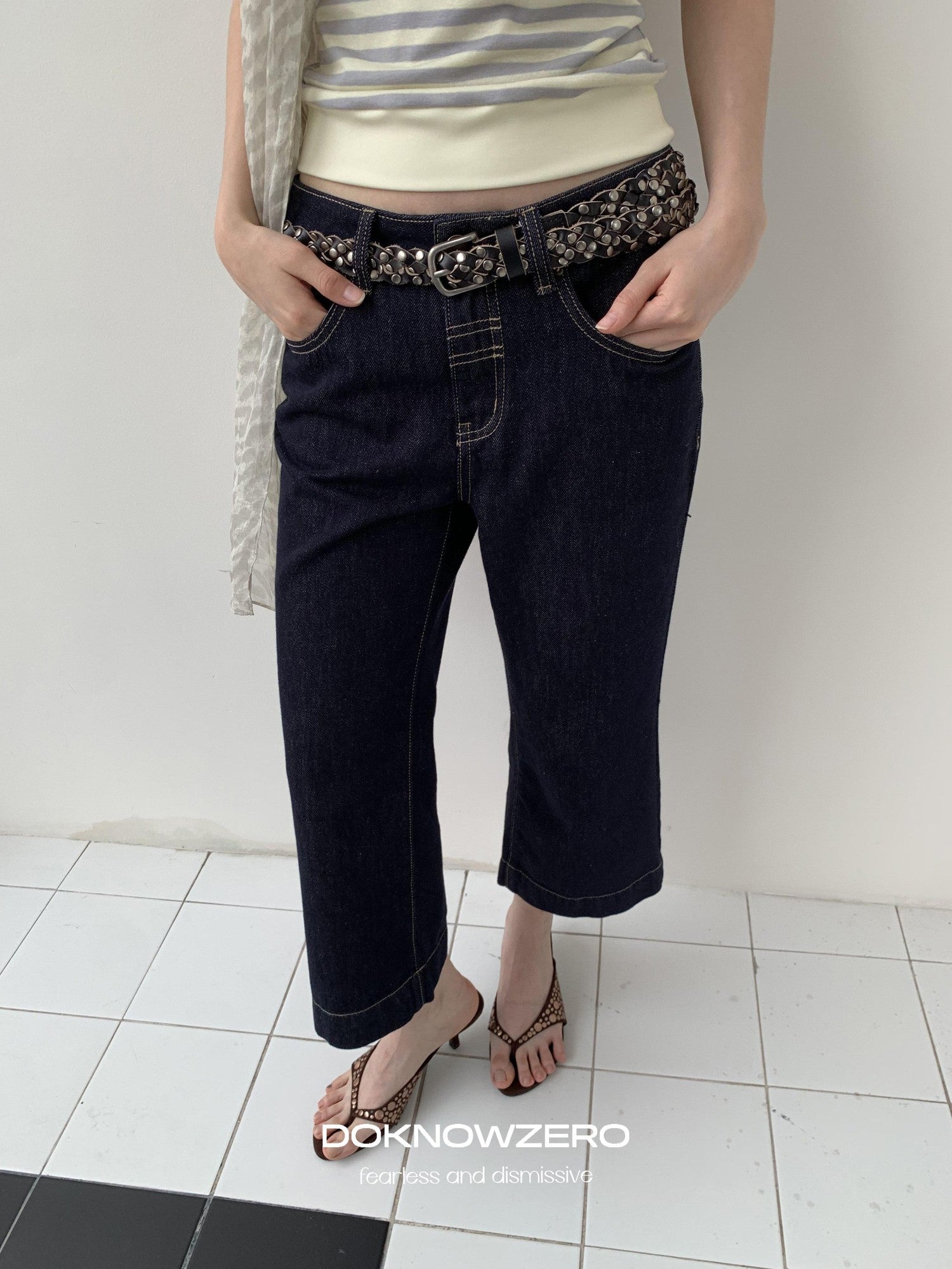 DKZ OFFICIAL Dark Blue Raw Denim Cropped Retro Women&