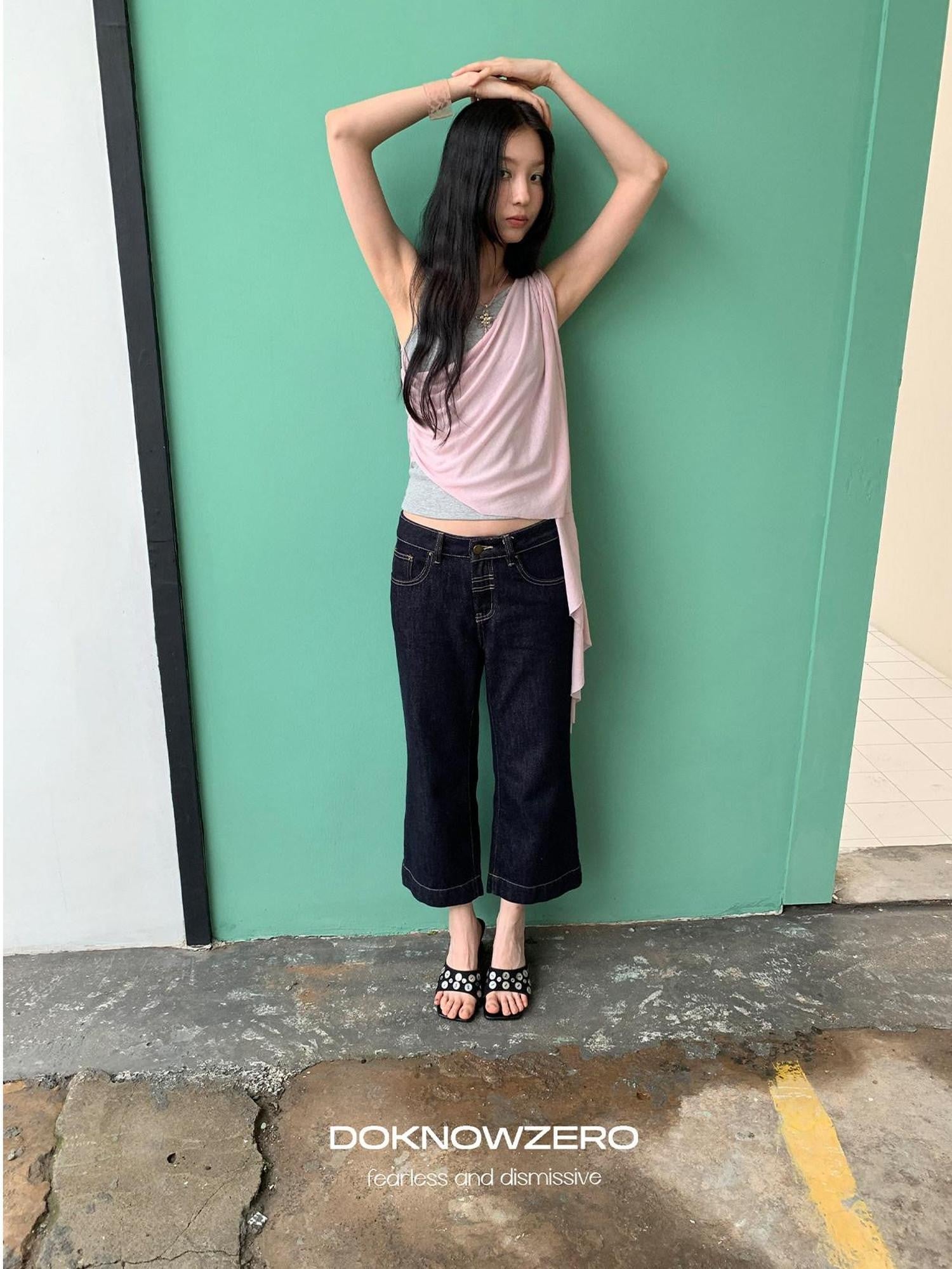 DKZ OFFICIAL Dark Blue Raw Denim Cropped Retro Women&