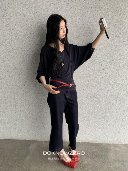 DKZ OFFICIAL Dark Blue Raw Denim Cropped Retro Women&
