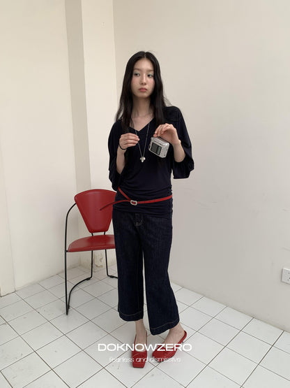 DKZ OFFICIAL Dark Blue Raw Denim Cropped Retro Women&