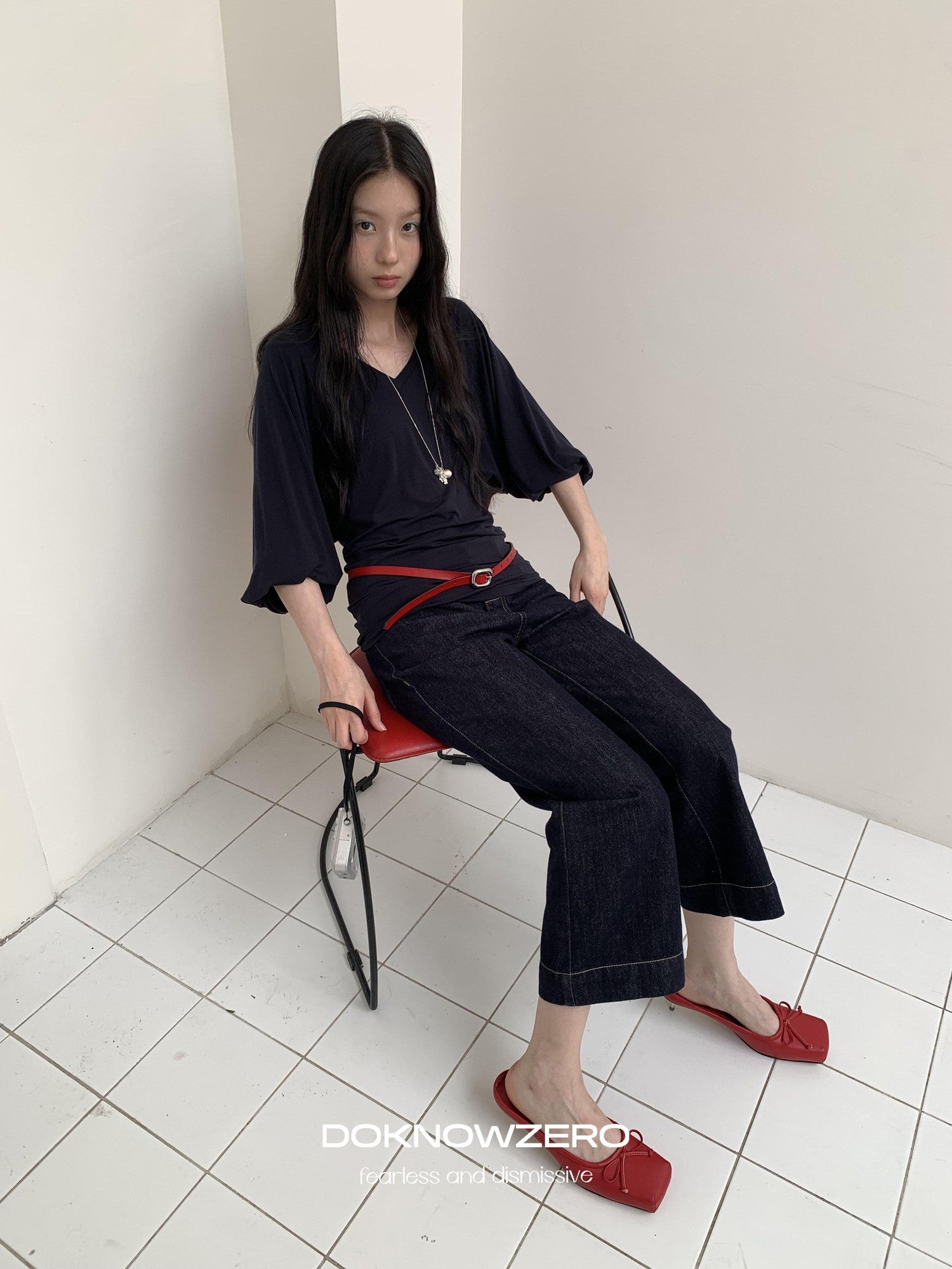 DKZ OFFICIAL Dark Blue Raw Denim Cropped Retro Women&