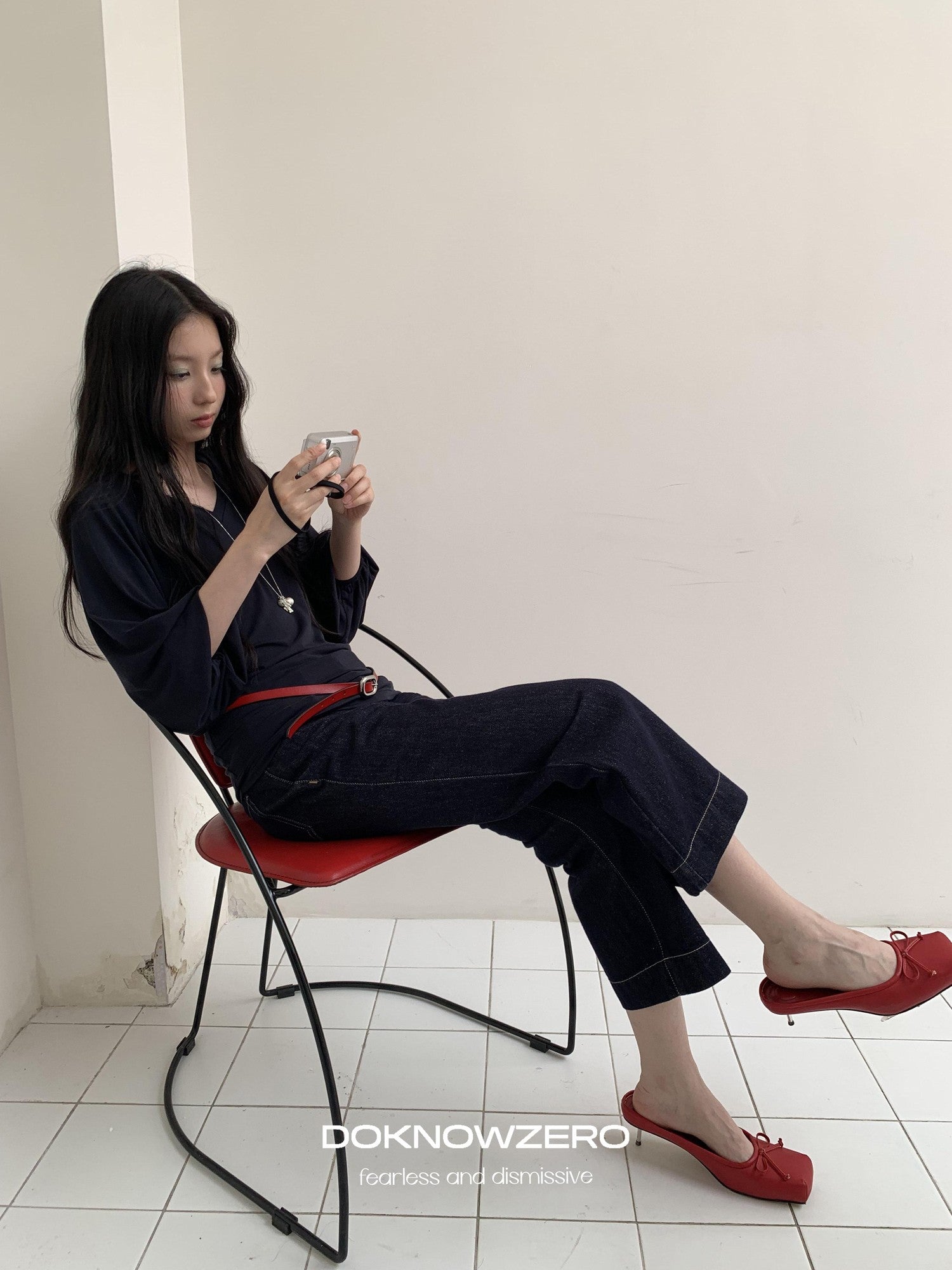 DKZ OFFICIAL Dark Blue Raw Denim Cropped Retro Women&