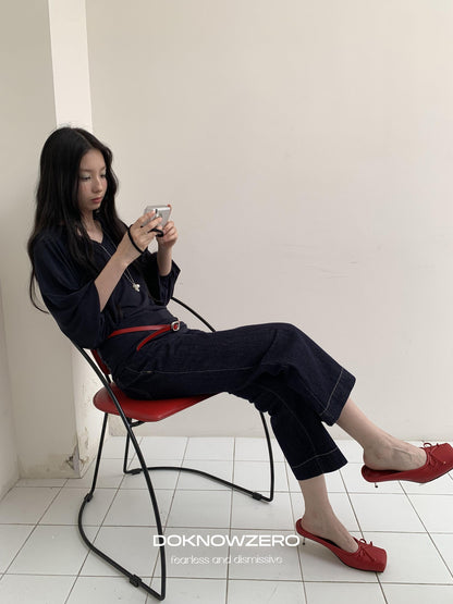 DKZ OFFICIAL Dark Blue Raw Denim Cropped Retro Women&