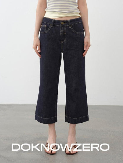 DKZ OFFICIAL Dark Blue Raw Denim Cropped Retro Women&