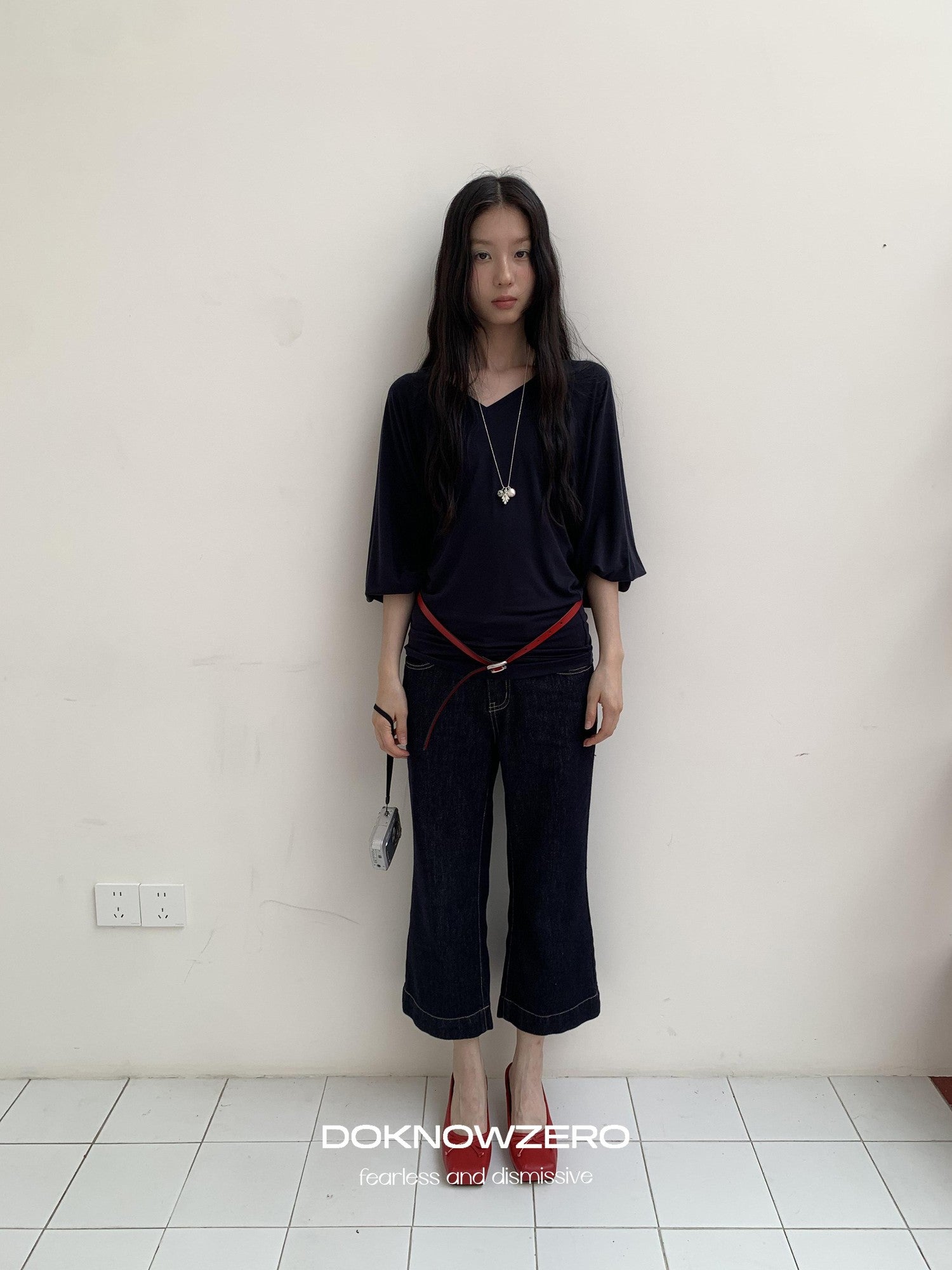 DKZ OFFICIAL Dark Blue Raw Denim Cropped Retro Women&