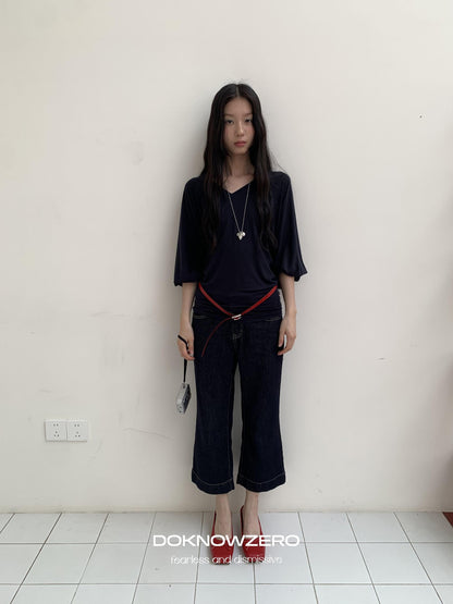DKZ OFFICIAL Dark Blue Raw Denim Cropped Retro Women&